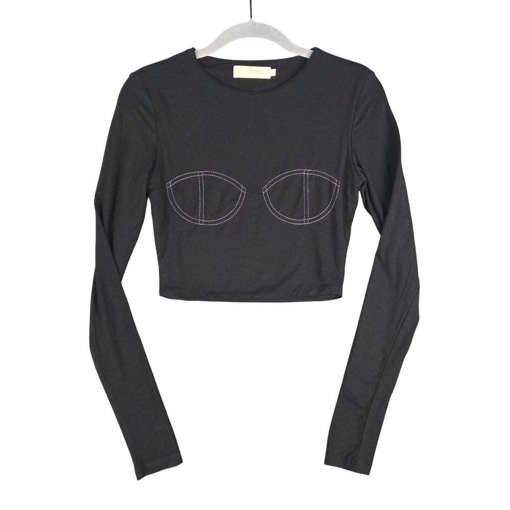 Meshki Black Long Sleeve Crop Top Contrast Stitch Bustier Small Baddie Edgy